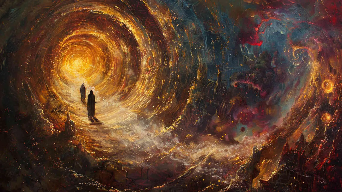 They finally uncover the secret to opening the stone door, which slowly swings open, unleashing a powerful energy that sweeps them into an entirely different space. Painting, depicting the stone door opening amidst swirling mystical energies, engulfing the characters in a vortex of light and color, --ar 16:9 --v 5 - style3部分