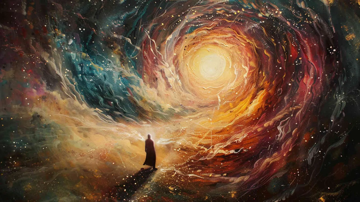 They finally uncover the secret to opening the stone door, which slowly swings open, unleashing a powerful energy that sweeps them into an entirely different space. Painting, depicting the stone door opening amidst swirling mystical energies, engulfing the characters in a vortex of light and color, --ar 16:9 --v 5 - style4部分