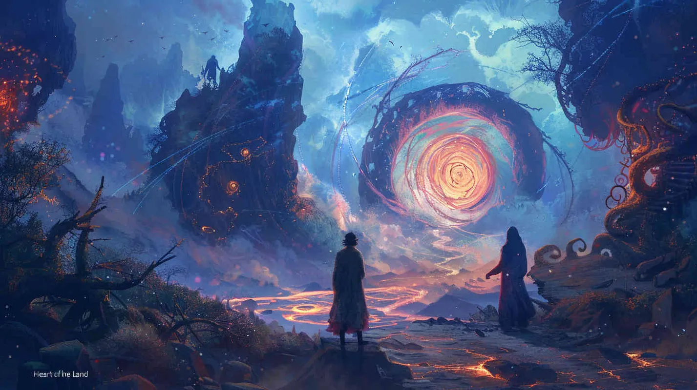 They find themselves in a mysterious world, filled with unknown forces and mystical energies, where the truth about the “Heart of the Land” will be revealed amidst the enigmatic landscape. Illustration, portraying the characters surrounded by swirling energies and arcane symbols, hinting at the profound secrets awaiting discovery, –ar 16:9 –v 5 – AI绘画作品展示 | Midjourney中文版生成