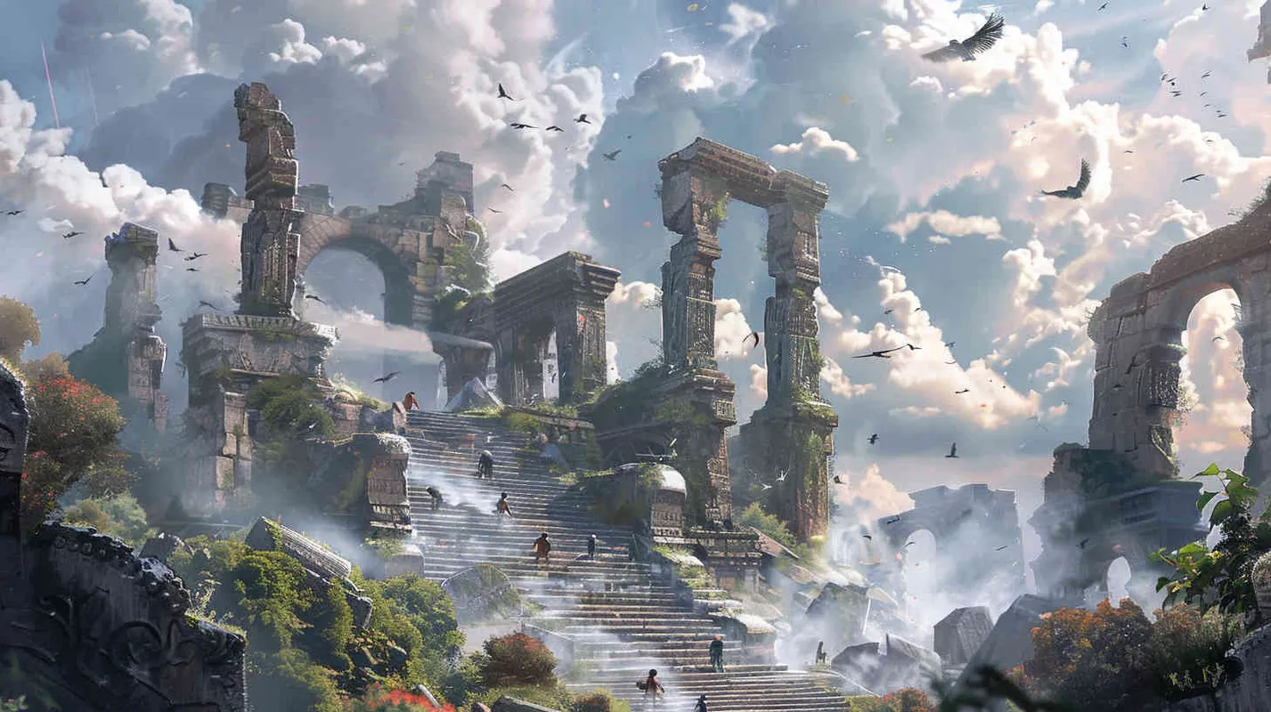 In this mysterious world, they encounter ancient civilizations and mystical creatures, each imbued with mysterious power and energy. They face various trials and challenges, but their inner determination and courage drive them forward. Illustration, depicting the team amidst ruins of ancient structures, encountering mythical beings and navigating through ethereal landscapes, --ar 16:9 --v 5 - style3部分