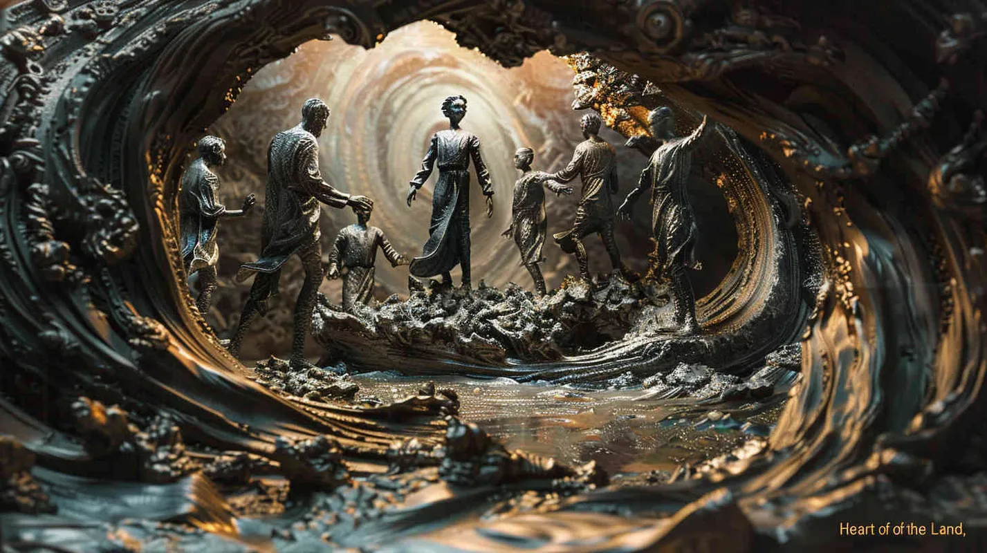 Amidst intense confrontation with mystical forces, they unearth the depths of their inner strength and courage, realizing that only through unity can they overcome all obstacles and challenges. Ultimately, they successfully unlock the gateway to the “Heart of the Land,” discovering the true secret of this territory. Sculpture, depicting the team standing united against a backdrop of swirling energy, with each member radiating determination and resilience, –ar 16:9 –v 5 – AI绘画作品展示 | Midjourney中文版生成
