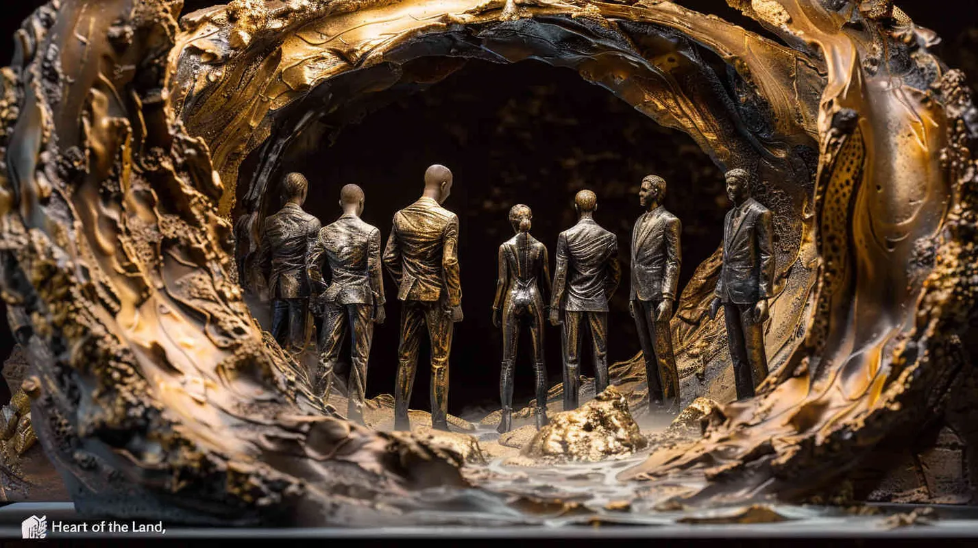 Amidst intense confrontation with mystical forces, they unearth the depths of their inner strength and courage, realizing that only through unity can they overcome all obstacles and challenges. Ultimately, they successfully unlock the gateway to the "Heart of the Land," discovering the true secret of this territory. Sculpture, depicting the team standing united against a backdrop of swirling energy, with each member radiating determination and resilience, --ar 16:9 --v 5 - AI绘画作品展示 | Midjourney中文版生成