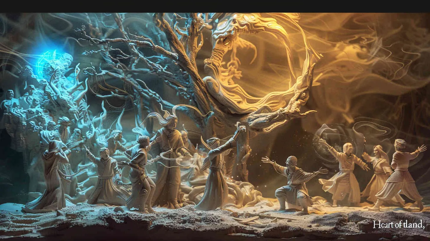Amidst intense confrontation with mystical forces, they unearth the depths of their inner strength and courage, realizing that only through unity can they overcome all obstacles and challenges. Ultimately, they successfully unlock the gateway to the "Heart of the Land," discovering the true secret of this territory. Sculpture, depicting the team standing united against a backdrop of swirling energy, with each member radiating determination and resilience, --ar 16:9 --v 5 - AI绘画作品展示 | Midjourney中文版生成