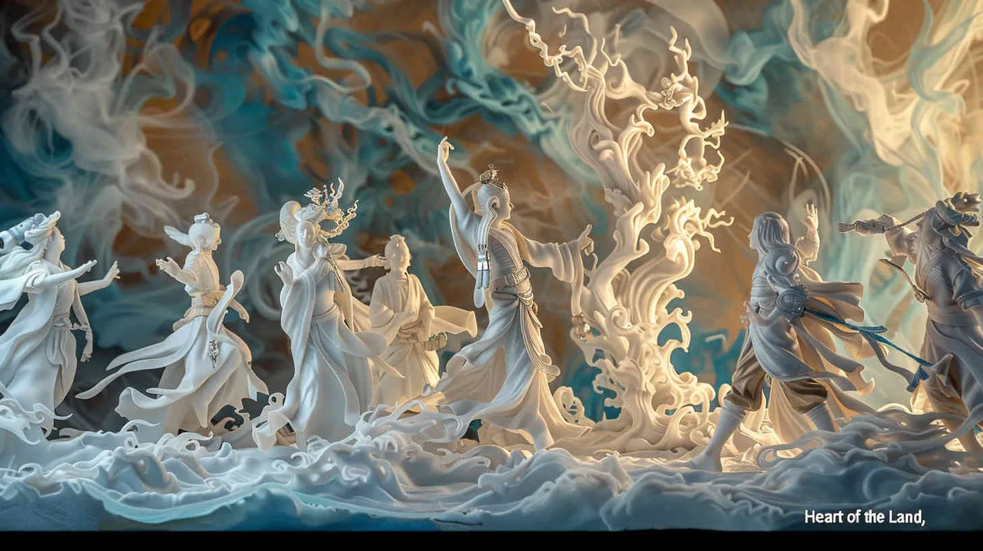 Amidst intense confrontation with mystical forces, they unearth the depths of their inner strength and courage, realizing that only through unity can they overcome all obstacles and challenges. Ultimately, they successfully unlock the gateway to the "Heart of the Land," discovering the true secret of this territory. Sculpture, depicting the team standing united against a backdrop of swirling energy, with each member radiating determination and resilience, --ar 16:9 --v 5 - AI绘画作品展示 | Midjourney中文版生成