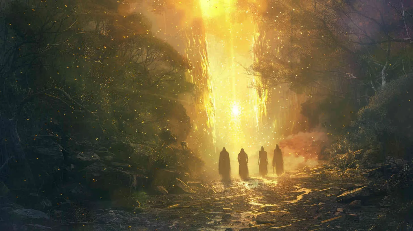 On their journey back to the real world, they carry a profound sense of gratitude, thankful for all that the adventure has bestowed upon them. Illustration, depicting the team standing at the threshold between the mystical realm and reality, bathed in a warm, golden light symbolizing their appreciation and enlightenment, --ar 16:9 --v 5 - style1部分