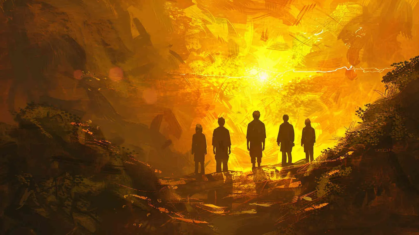 On their journey back to the real world, they carry a profound sense of gratitude, thankful for all that the adventure has bestowed upon them. Illustration, depicting the team standing at the threshold between the mystical realm and reality, bathed in a warm, golden light symbolizing their appreciation and enlightenment, --ar 16:9 --v 5 - style2部分