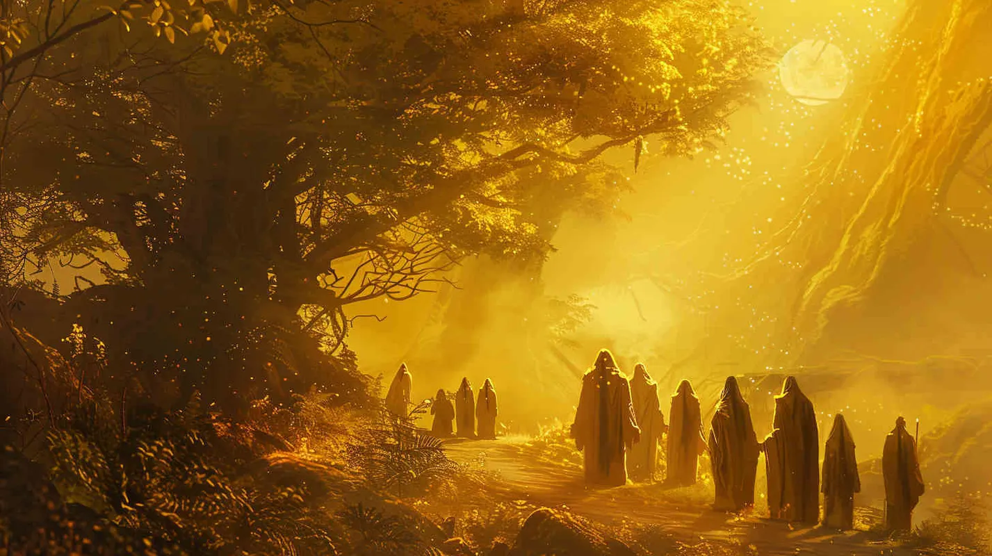 On their journey back to the real world, they carry a profound sense of gratitude, thankful for all that the adventure has bestowed upon them. Illustration, depicting the team standing at the threshold between the mystical realm and reality, bathed in a warm, golden light symbolizing their appreciation and enlightenment, --ar 16:9 --v 5 - style3部分