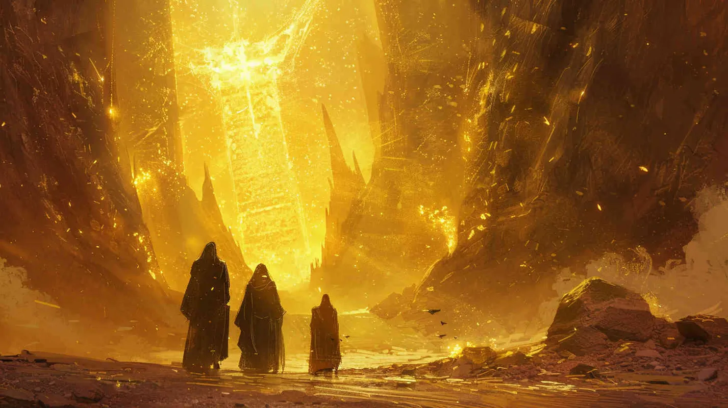 On their journey back to the real world, they carry a profound sense of gratitude, thankful for all that the adventure has bestowed upon them. Illustration, depicting the team standing at the threshold between the mystical realm and reality, bathed in a warm, golden light symbolizing their appreciation and enlightenment, --ar 16:9 --v 5 - style4部分