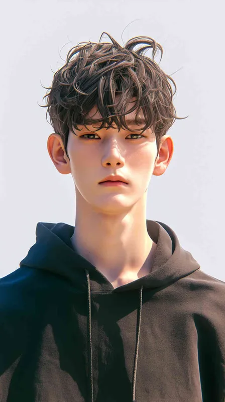 韩系美少年男,韩系美少年二次元， (肖像), (精致脸)，(无妆)，(棕色中分短发)，(棕色中分短发)，(身穿黑色卫衣)，(半身肖像)，白色色背景, 8000K分辨率，超高清  - style1部分