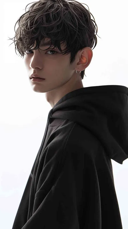 韩系美少年男,韩系美少年二次元， (肖像), (精致脸)，(无妆)，(棕色中分短发)，(棕色中分短发)，(身穿黑色卫衣)，(半身肖像)，白色色背景, 8000K分辨率，超高清  - style2部分