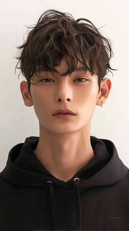 韩系美少年男,韩系美少年二次元， (肖像), (精致脸)，(无妆)，(棕色中分短发)，(棕色中分短发)，(身穿黑色卫衣)，(半身肖像)，白色色背景, 8000K分辨率，超高清  - style4部分