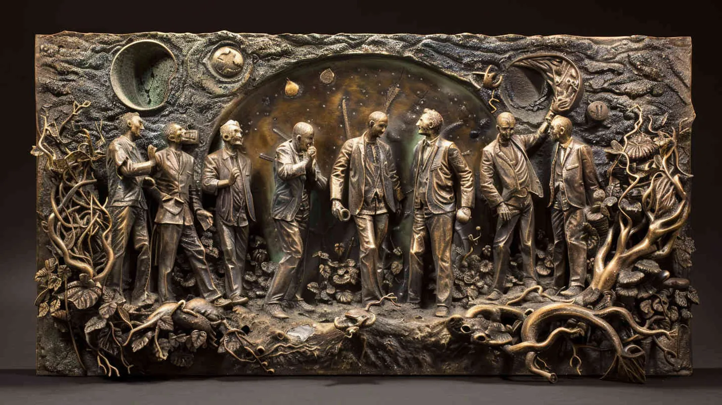 Professor Johnson and his team return to the real world, their hearts filled with abundant harvests and gratitude, yet forever remembering this mysterious journey, an adventure story they will never forget in their lifetime. Sculpture, depicting the team standing on the threshold between worlds, their expressions a mix of contentment and nostalgia, surrounded by symbolic representations of their adventures, --ar 16:9 --v 5 - style1部分
