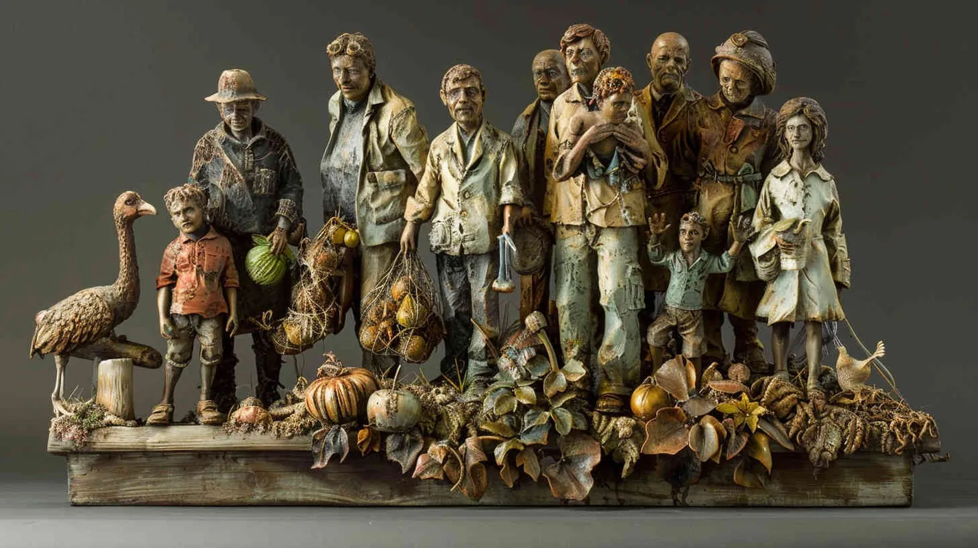 Professor Johnson and his team return to the real world, their hearts filled with abundant harvests and gratitude, yet forever remembering this mysterious journey, an adventure story they will never forget in their lifetime. Sculpture, depicting the team standing on the threshold between worlds, their expressions a mix of contentment and nostalgia, surrounded by symbolic representations of their adventures, --ar 16:9 --v 5 - style2部分