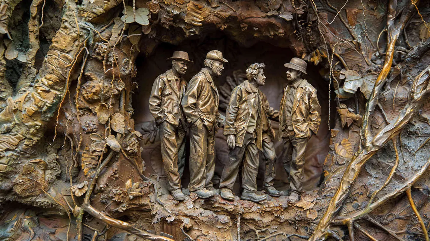 Professor Johnson and his team return to the real world, their hearts filled with abundant harvests and gratitude, yet forever remembering this mysterious journey, an adventure story they will never forget in their lifetime. Sculpture, depicting the team standing on the threshold between worlds, their expressions a mix of contentment and nostalgia, surrounded by symbolic representations of their adventures, --ar 16:9 --v 5 - style3部分
