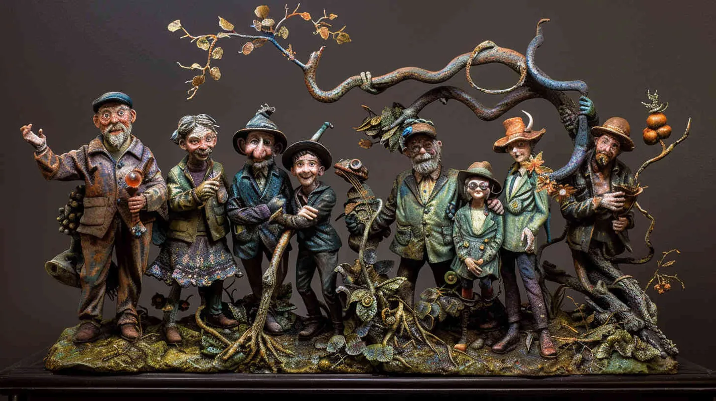 Professor Johnson and his team return to the real world, their hearts filled with abundant harvests and gratitude, yet forever remembering this mysterious journey, an adventure story they will never forget in their lifetime. Sculpture, depicting the team standing on the threshold between worlds, their expressions a mix of contentment and nostalgia, surrounded by symbolic representations of their adventures, --ar 16:9 --v 5 - style4部分
