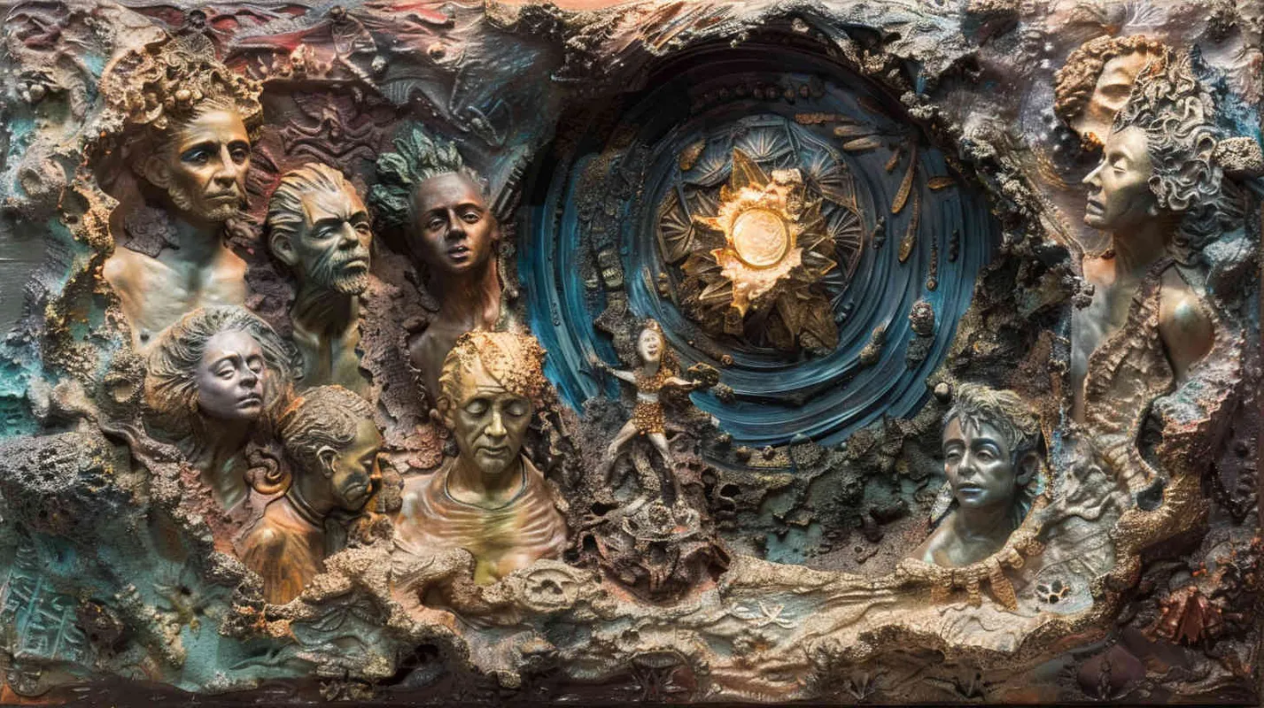 Professor Johnson and his team return to the real world, their hearts brimming with abundance and gratitude, traversing back through the realms of reality. Sculpture, depicting the team emerging from a mystical portal, their expressions a mix of wonder and reflection, surrounded by symbolic representations of their journey's challenges and triumphs, --ar 16:9 --v 5 - style1部分