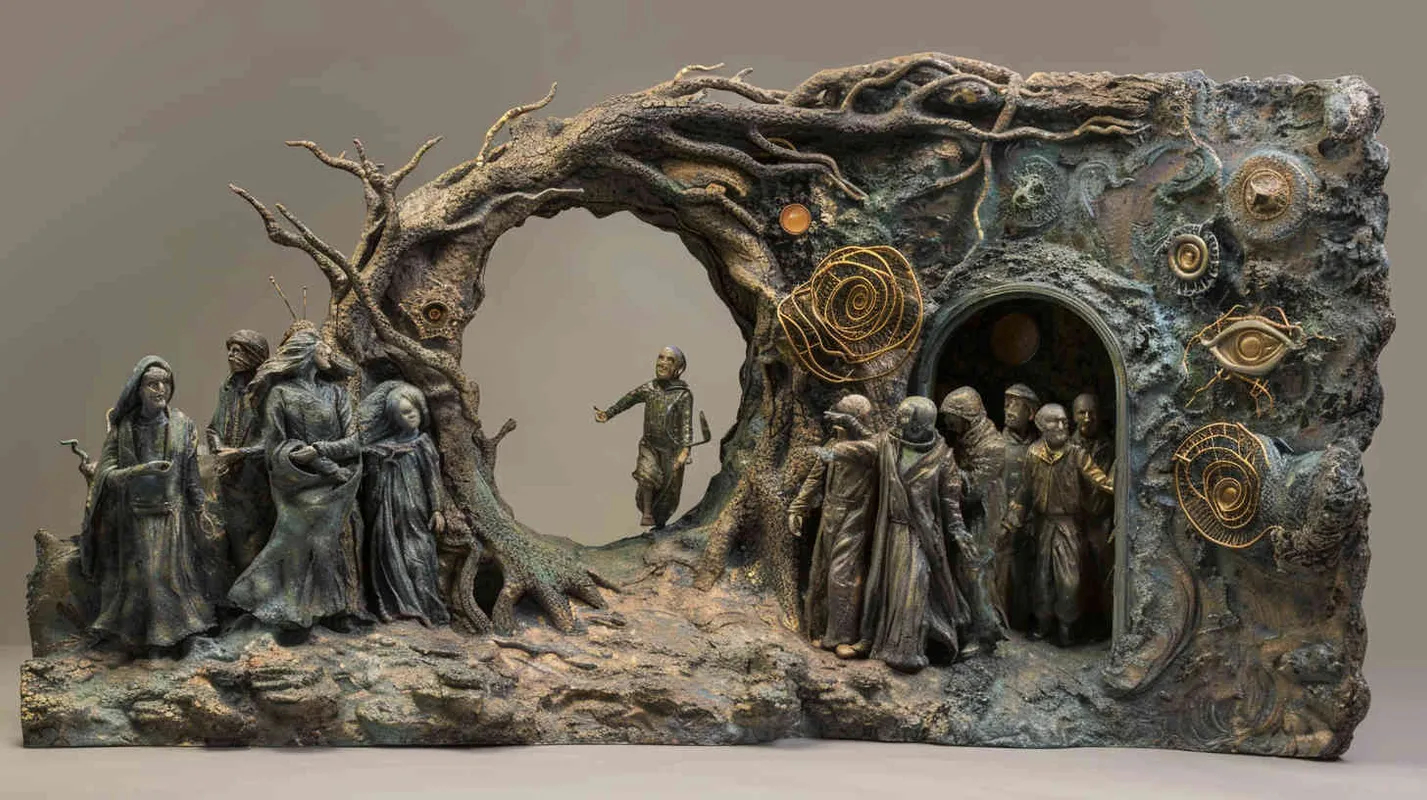 Professor Johnson and his team return to the real world, their hearts brimming with abundance and gratitude, traversing back through the realms of reality. Sculpture, depicting the team emerging from a mystical portal, their expressions a mix of wonder and reflection, surrounded by symbolic representations of their journey's challenges and triumphs, --ar 16:9 --v 5 - style2部分