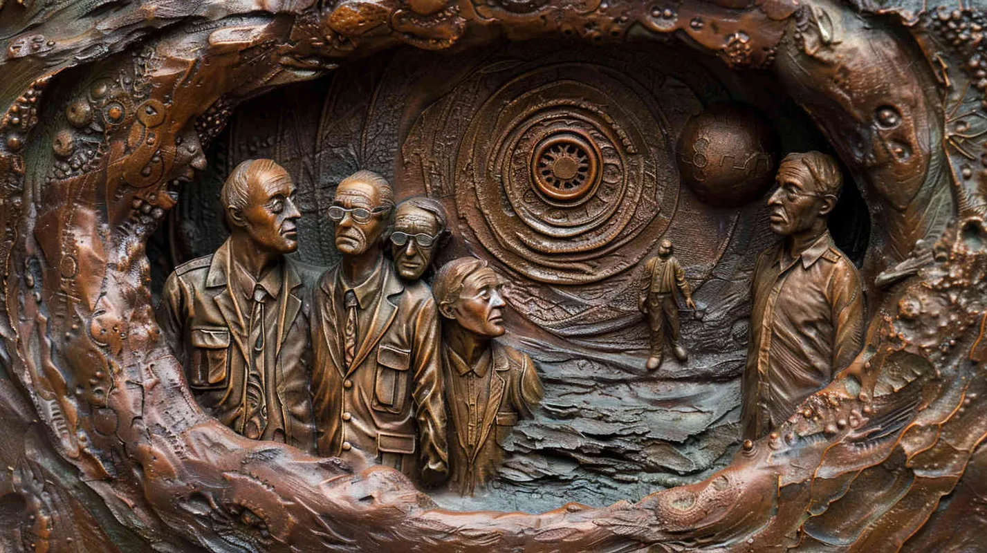 Professor Johnson and his team return to the real world, their hearts brimming with abundance and gratitude, traversing back through the realms of reality. Sculpture, depicting the team emerging from a mystical portal, their expressions a mix of wonder and reflection, surrounded by symbolic representations of their journey's challenges and triumphs, --ar 16:9 --v 5 - style3部分