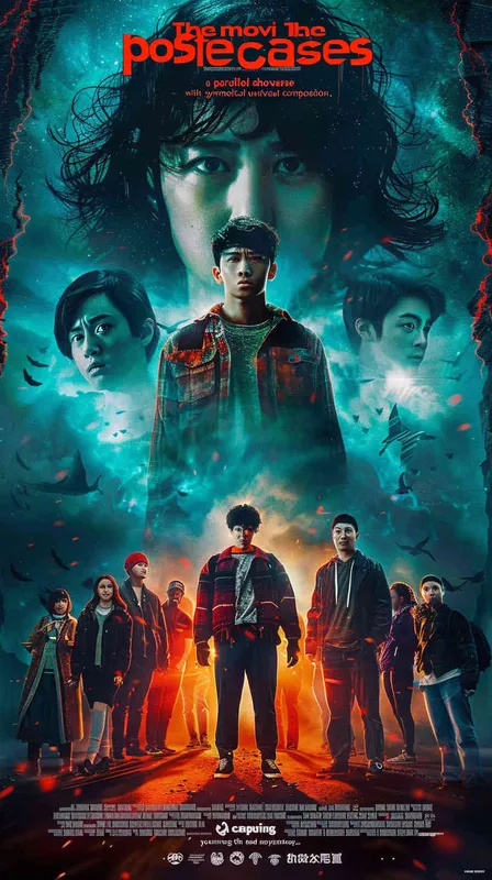 电影海报，平行宇宙主题，画面上下对称，左右平行，校园青春，悬疑的 - style3部分