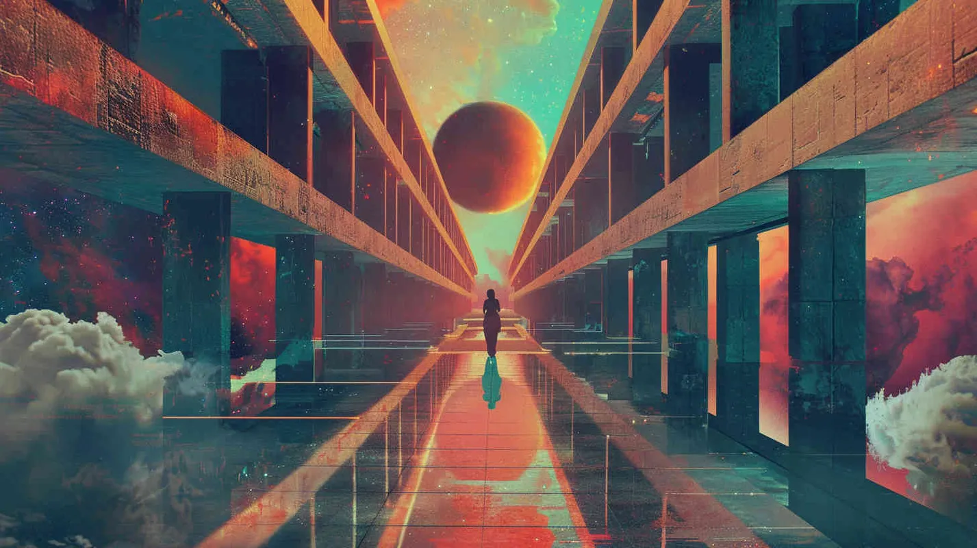 电影海报，平行世界，青春校园，悬疑烧脑，元宇宙空间，对称构图，冷暖对比  - AI绘画作品展示 | Midjourney中文版生成