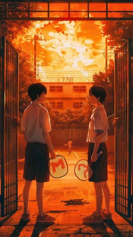 电影的宣传海报，平行宇宙世界，2个手拿羽毛球拍的高中生面对面寻找，中间被一道铁门隔开，其中一个男孩潘博文消失了，阳光暴晒下，校园里的场景，画面呈现出对称构图。 - style3部分