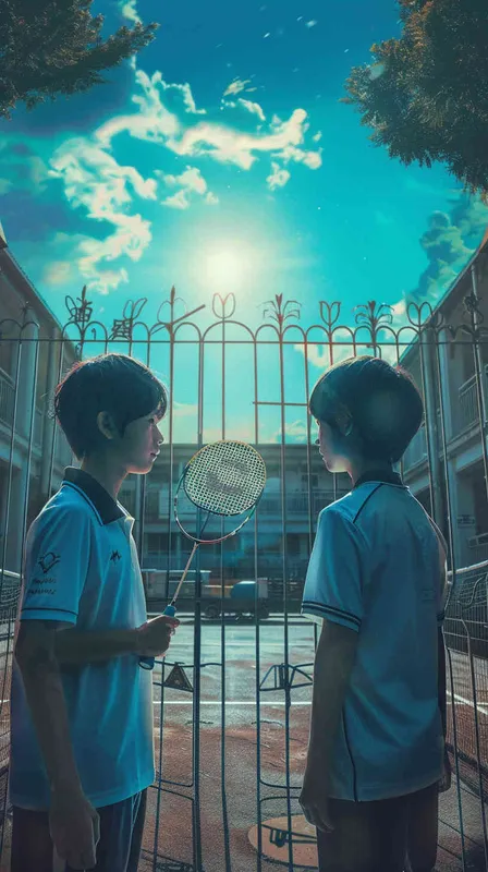 电影的宣传海报，平行宇宙世界，2个手拿羽毛球拍的高中生面对面寻找，中间被一道铁门隔开，其中一个男孩潘博文消失了，阳光暴晒下，校园里的场景，画面呈现出对称构图。 - style4部分