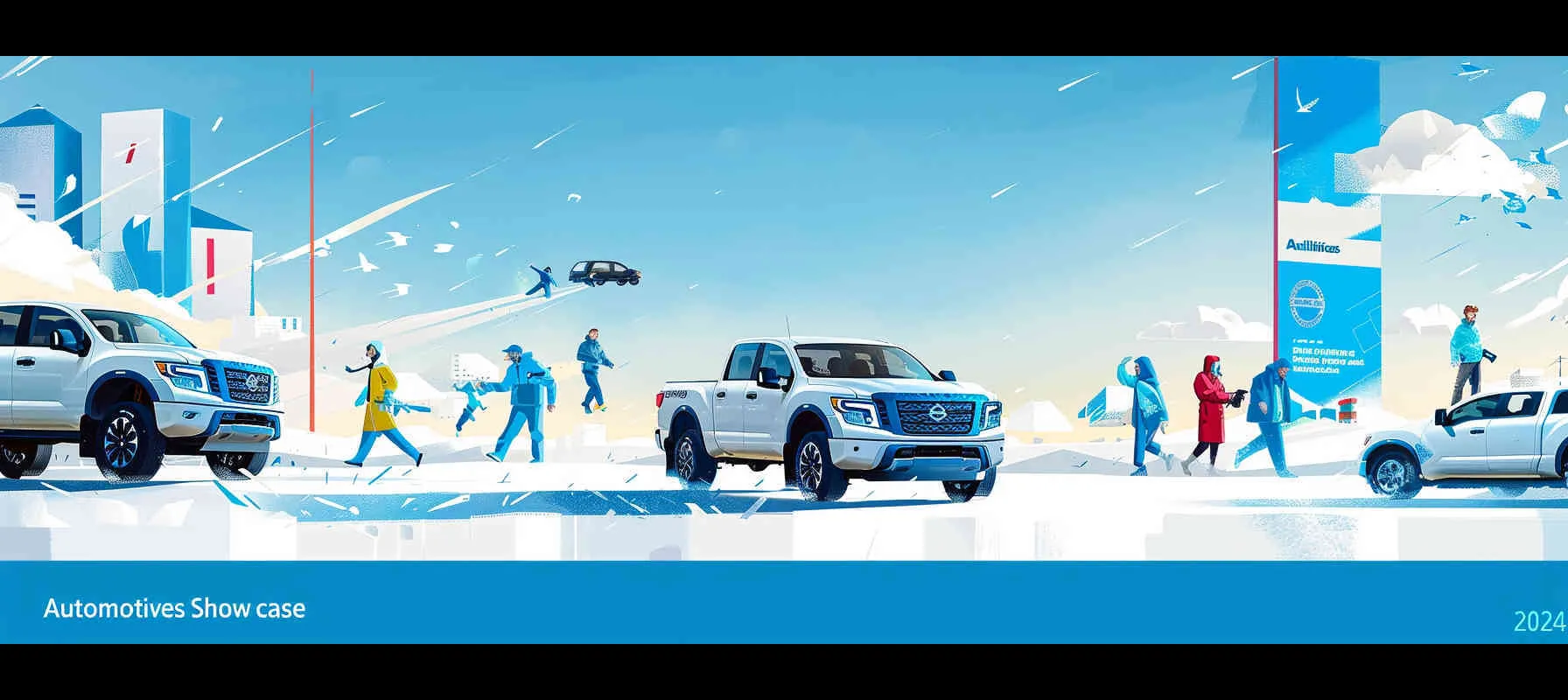 The poster for the “Car Skills Competition” features cartoon characters participating in different activities, with a simple vector design on a blue background. Cars cannot be stacked together. The Nissan ZN manual transmission pickup truck features a white pickup truck with no pattern on the body, with bold text at the top and “2024” at the bottom, with blue, white, and red accents. –ar 8:3 –v 6.0 –style raw – AI绘画作品展示 | Midjourney中文版生成