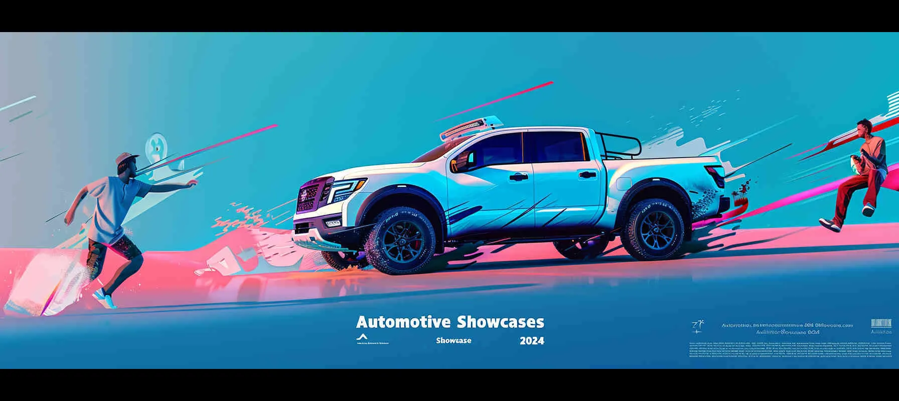 The poster for the "Car Skills Competition" features cartoon characters participating in different activities, with a simple vector design on a blue background. Cars cannot be stacked together. The Nissan ZN manual transmission pickup truck features a white pickup truck with no pattern on the body, with bold text at the top and "2024" at the bottom, with blue, white, and red accents. --ar 8:3 --v 6.0 --style raw - AI绘画作品展示 | Midjourney中文版生成