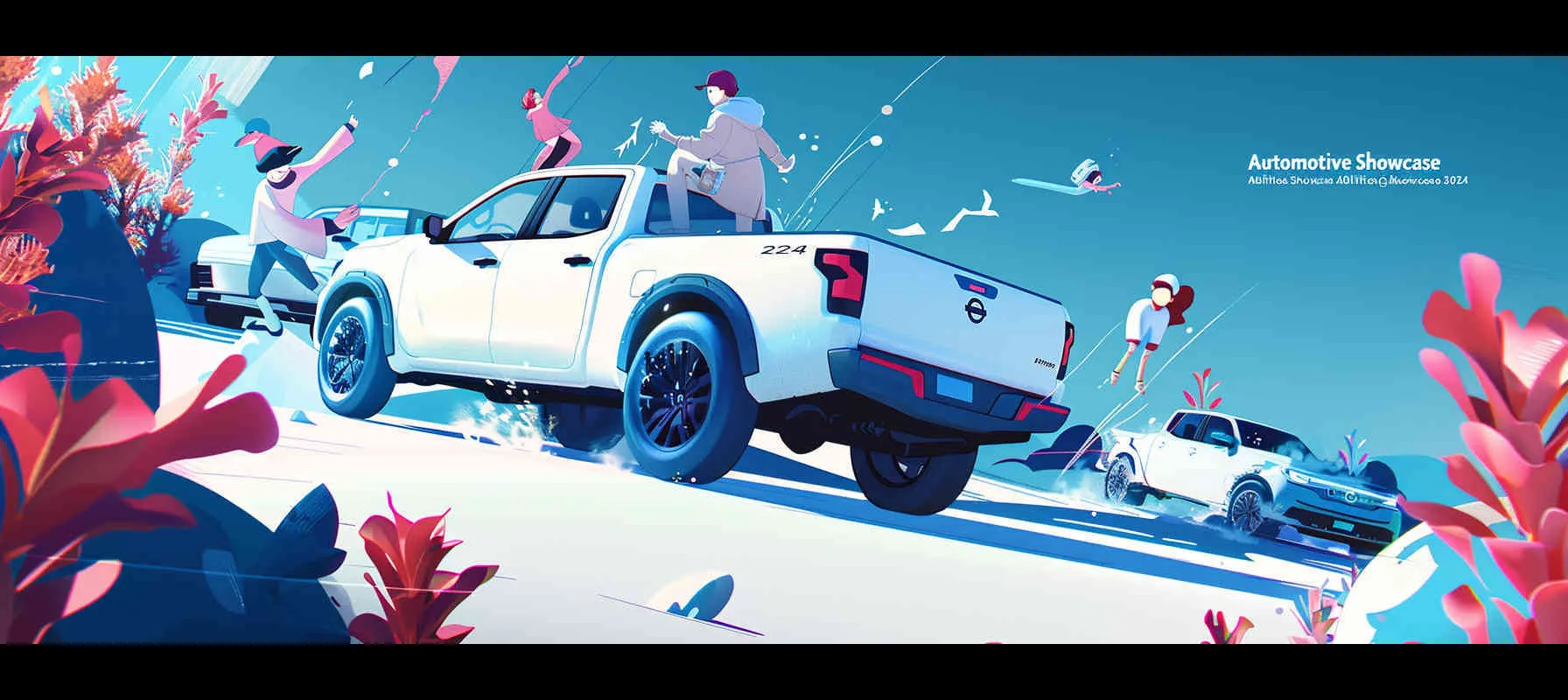 The poster for the "Car Skills Competition" features cartoon characters participating in different activities, with a simple vector design on a blue background. Cars cannot be stacked together. The Nissan ZN manual transmission pickup truck features a white pickup truck with no pattern on the body, with bold text at the top and "2024" at the bottom, with blue, white, and red accents. --ar 8:3 --v 6.0 --style raw - AI绘画作品展示 | Midjourney中文版生成