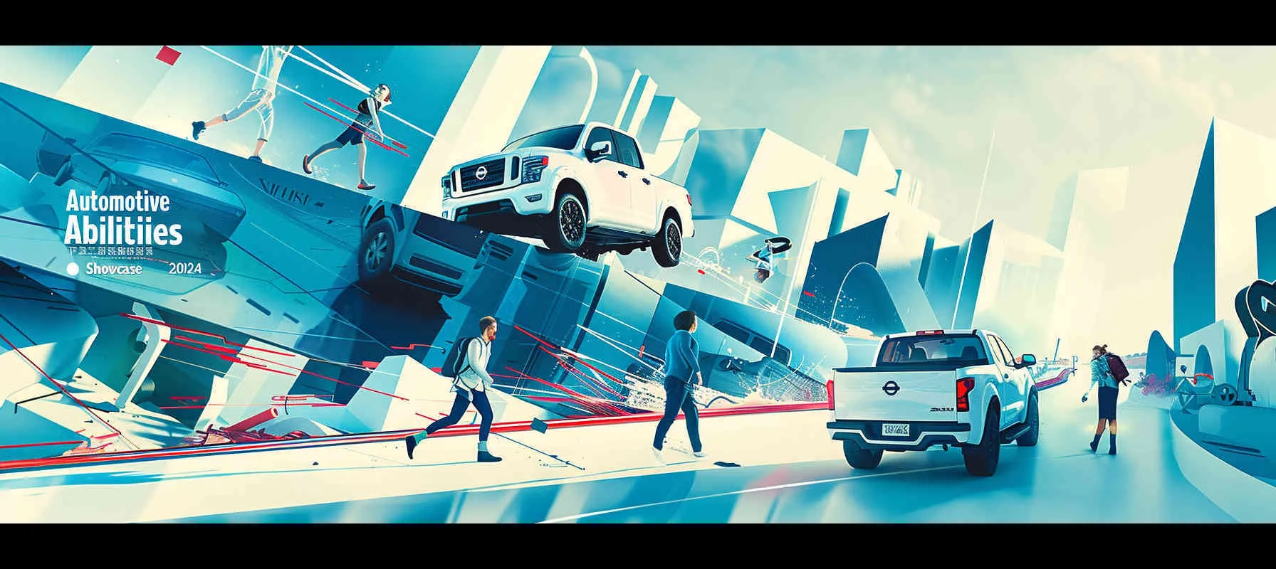 The poster for the "Car Skills Competition" features cartoon characters participating in different activities, with a simple vector design on a blue background. Cars cannot be stacked together. The Nissan ZN manual transmission pickup truck features a white pickup truck with no pattern on the body, with bold text at the top and "2024" at the bottom, with blue, white, and red accents. --ar 8:3 --v 6.0 --style raw - AI绘画作品展示 | Midjourney中文版生成