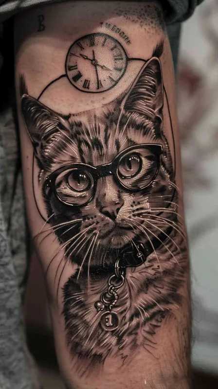 一张猫猫大神的天使纹身，猫带眼镜，胸前佩戴一个项链，项链上刻着eleven 11 - style1部分
