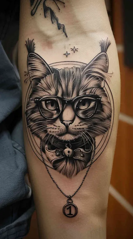 一张猫猫大神的天使纹身，猫带眼镜，胸前佩戴一个项链，项链上刻着eleven 11 - style2部分