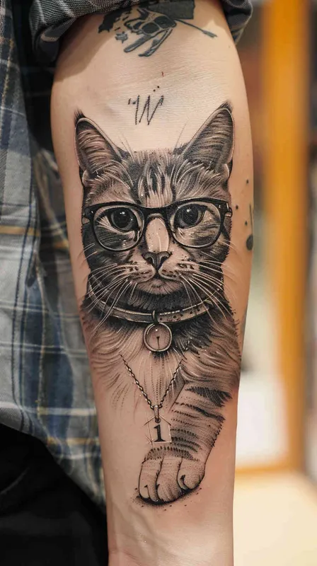 一张猫猫大神的天使纹身，猫带眼镜，胸前佩戴一个项链，项链上刻着eleven 11 - style4部分