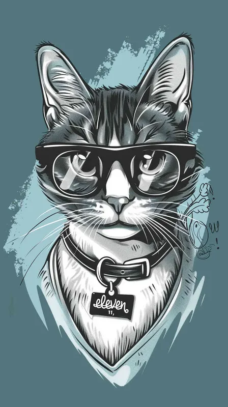 猫大神卡通，猫带眼镜，胸前佩戴一个项链，项链上刻着eleven 11，纹身的效果，偏平风格 - style1部分
