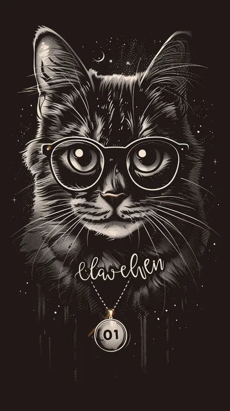 猫大神卡通，猫带眼镜，胸前佩戴一个项链，项链上刻着eleven 11，纹身的效果，偏平风格 - style2部分