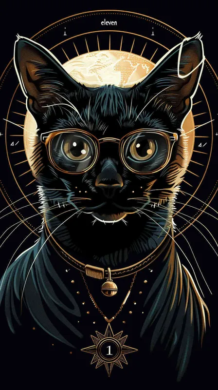 猫大神卡通，猫带眼镜，胸前佩戴一个项链，项链上刻着eleven 11，纹身的效果，偏平风格 - style3部分
