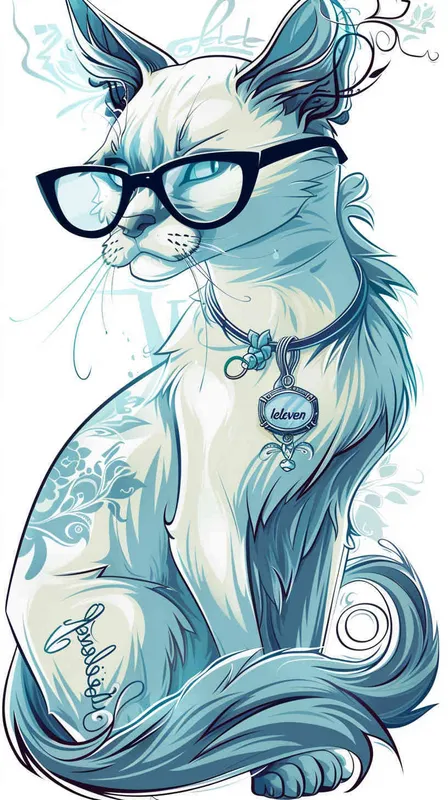 猫大神卡通，猫带眼镜，胸前佩戴一个项链，项链上刻着eleven 11，纹身的效果，偏平风格 ，纯白色背景 - style1部分