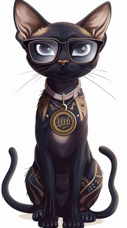 猫大神卡通，猫带眼镜，胸前佩戴一个项链，项链上刻着eleven 11，纹身的效果，偏平风格 ，纯白色背景 - style2部分