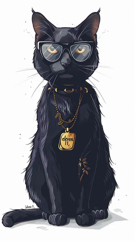 猫大神卡通，猫带眼镜，胸前佩戴一个项链，项链上刻着eleven 11，纹身的效果，偏平风格 ，纯白色背景 - style3部分