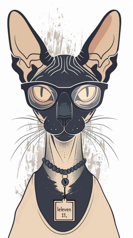 猫大神卡通，猫带眼镜，胸前佩戴一个项链，项链上刻着eleven 11，纹身的效果，偏平风格 ，纯白色背景 - style4部分