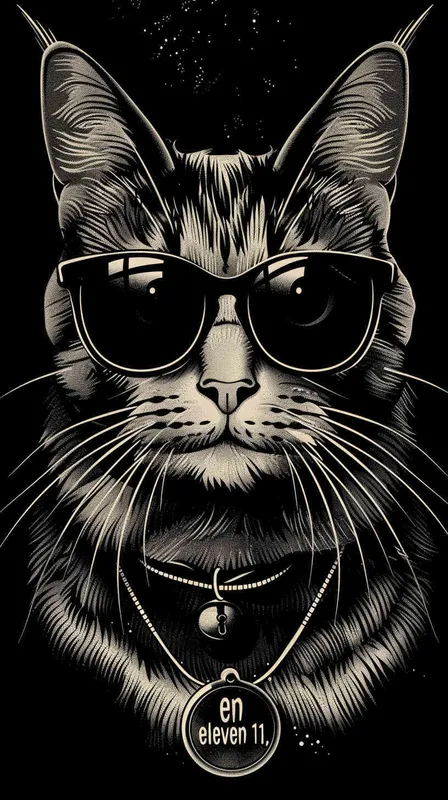 猫大神卡通，猫带眼镜，胸前佩戴一个项链，项链上刻着eleven 11，纹身的效果，偏平风格 - style1部分