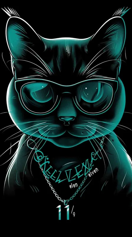 猫大神卡通，猫带眼镜，胸前佩戴一个项链，项链上刻着eleven 11，纹身的效果，偏平风格 - style2部分