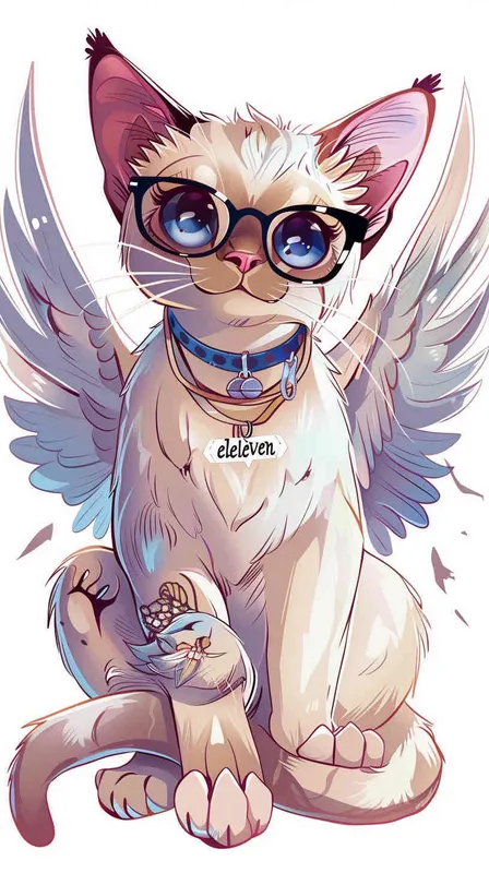 猫大神卡通，猫带眼镜，胸前佩戴一个项链，项链上刻着eleven 11，纹身的效果，偏平风格 ，纯白色背景 - AI绘画作品展示 | Midjourney中文版生成