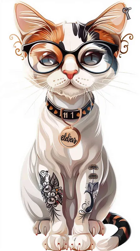 猫大神卡通，猫带眼镜，胸前佩戴一个项链，项链上刻着eleven 11，纹身的效果，偏平风格 ，纯白色背景 - AI绘画作品展示 | Midjourney中文版生成