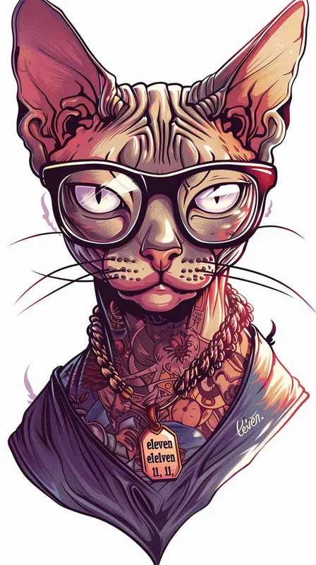 猫大神卡通，猫带眼镜，胸前佩戴一个项链，项链上刻着eleven 11，纹身的效果，偏平风格 ，纯白色背景 - AI绘画作品展示 | Midjourney中文版生成