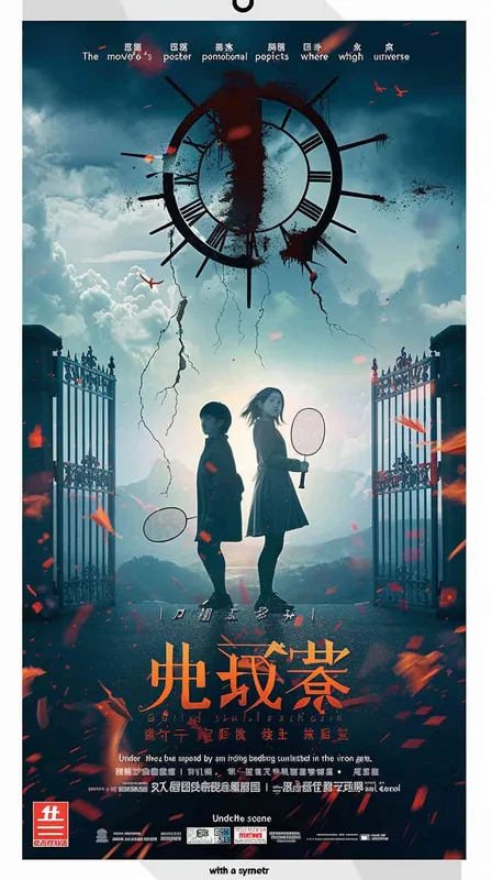 电影的宣传海报，平行宇宙世界，2个手拿羽毛球拍的高中生面对面寻找，两个男高中生中间被一道铁门隔开，阳光暴晒下，校园里的场景，画面呈现出对称构图，超高细节，超写实画质 - style2部分