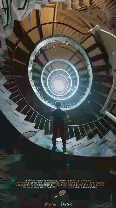 A vortex formed by a spiral staircase, with one boy holding a badminton racket standing inside the vortex, and another boy holding a badminton racket with his back facing the camera. Poster - style1部分