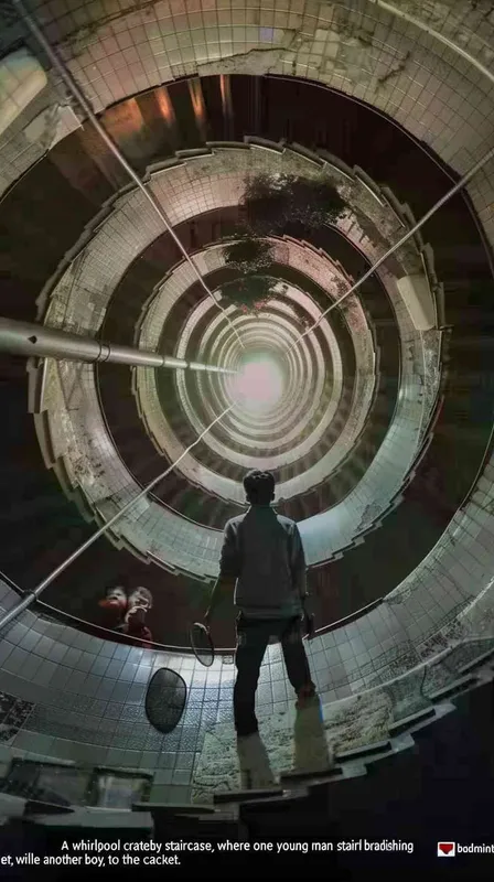 A vortex formed by a spiral staircase, with one boy holding a badminton racket standing inside the vortex, and another boy holding a badminton racket with his back facing the camera. Poster - style2部分