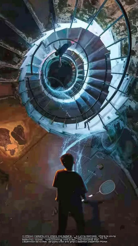A vortex formed by a spiral staircase, with one boy holding a badminton racket standing inside the vortex, and another boy holding a badminton racket with his back facing the camera. Poster - style3部分