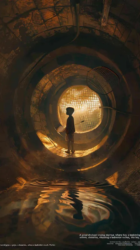 A vortex formed by a spiral staircase, with one boy holding a badminton racket standing inside the vortex, and another boy holding a badminton racket with his back facing the camera. Poster – AI绘画作品展示 | Midjourney中文版生成